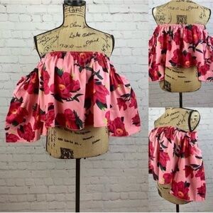 Red Floral Strapless Attached Bell Sleeve Top